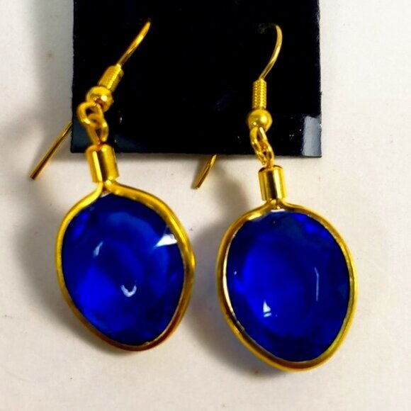 Elegant Blue Gem 1.5" Drop Earrings – Gold Tone Oval Dangle, Lightweight Jewelry - Picture 3 of 10